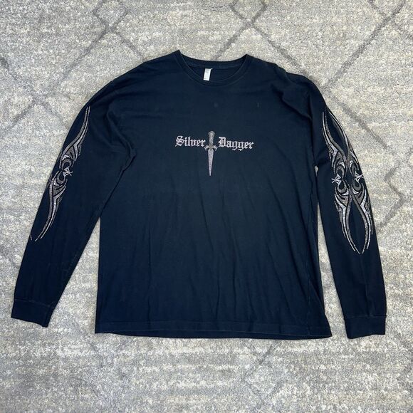 Silver Dagger Men's Embellished Ram Skull T-shirt Black 2XL Long Sleeve Biker - Picture 1 of 10